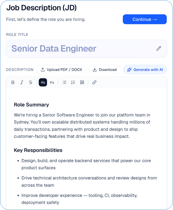 JD step — role title input and AI-generated job description editor