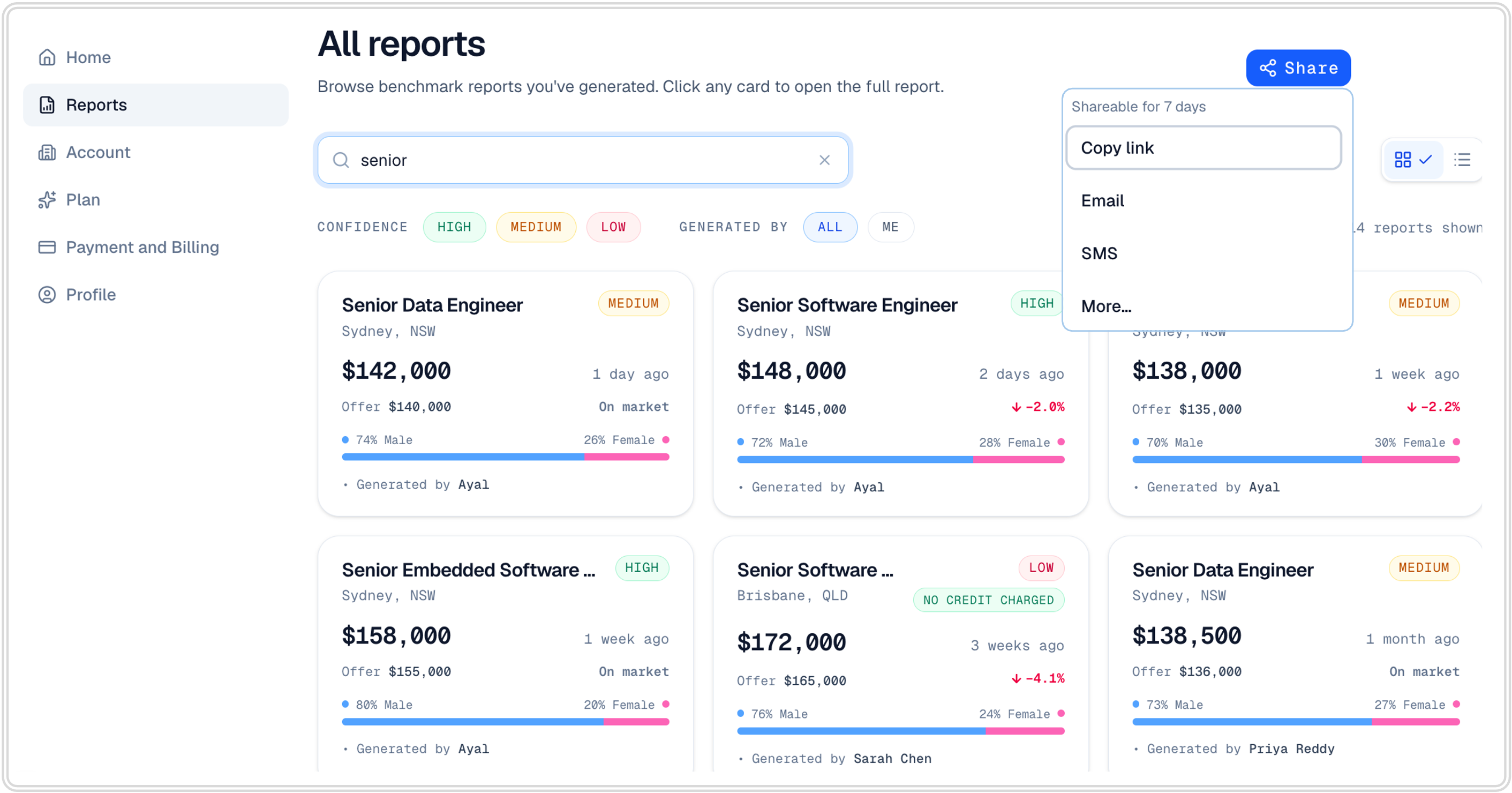 Reports step — past benchmark reports listed in the account
