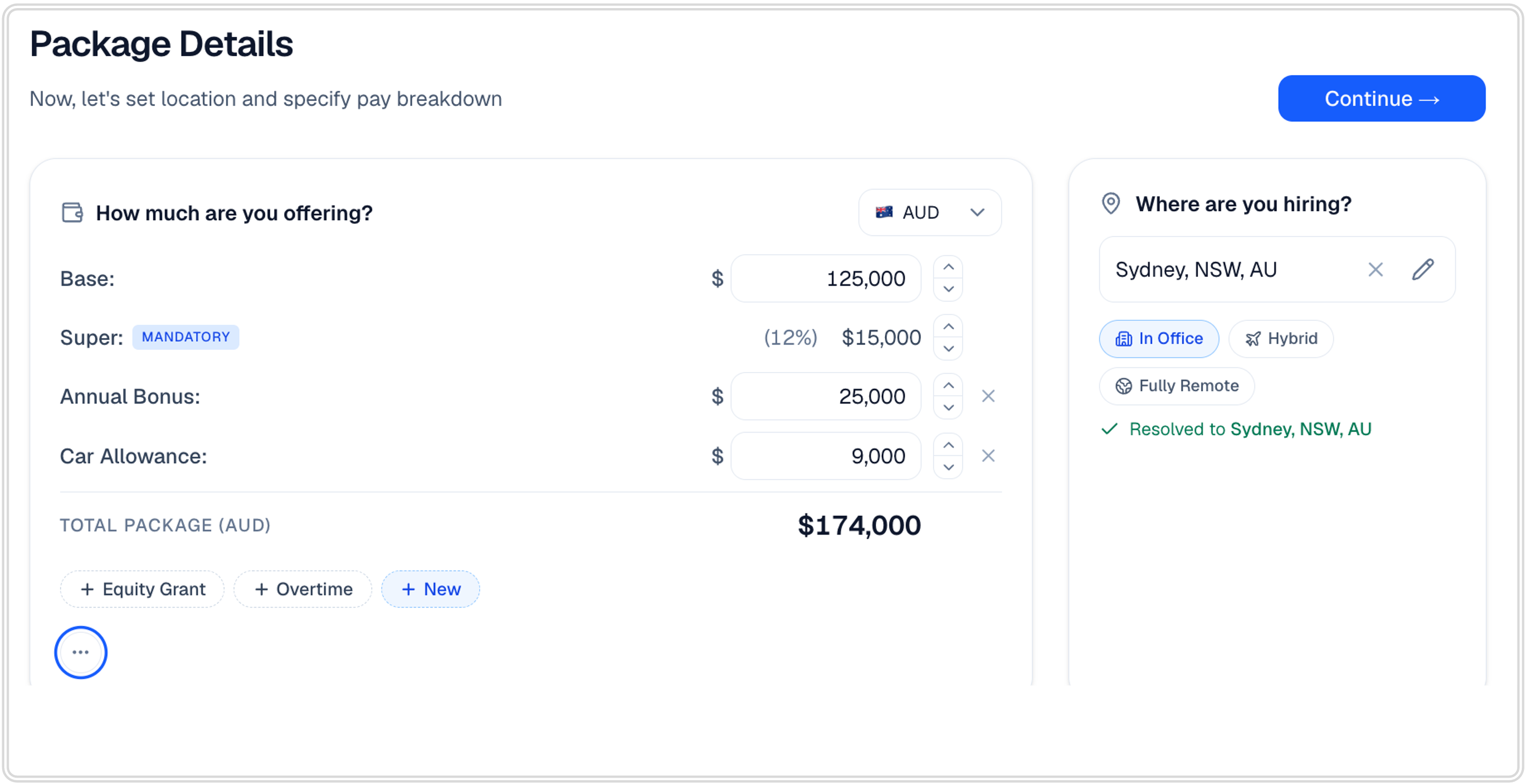 Offer step — package details with base, super, bonus and location
