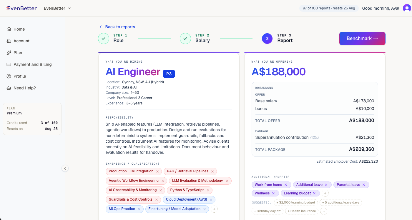 Step 3 review screen — role summary and extracted requirements on the left, full offer breakdown including total package on the right.